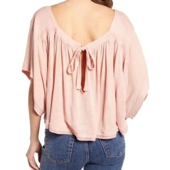 Free People NWT Pink Linen Oversized Tee Strawberry Crop Top Bow Tie Back Blouse - Picture 4 of 12